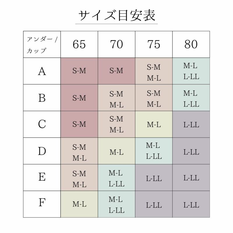 育乳ブラ・補正ブラのバックブラ・おやすみブラ　バニラのサイズチャート画像